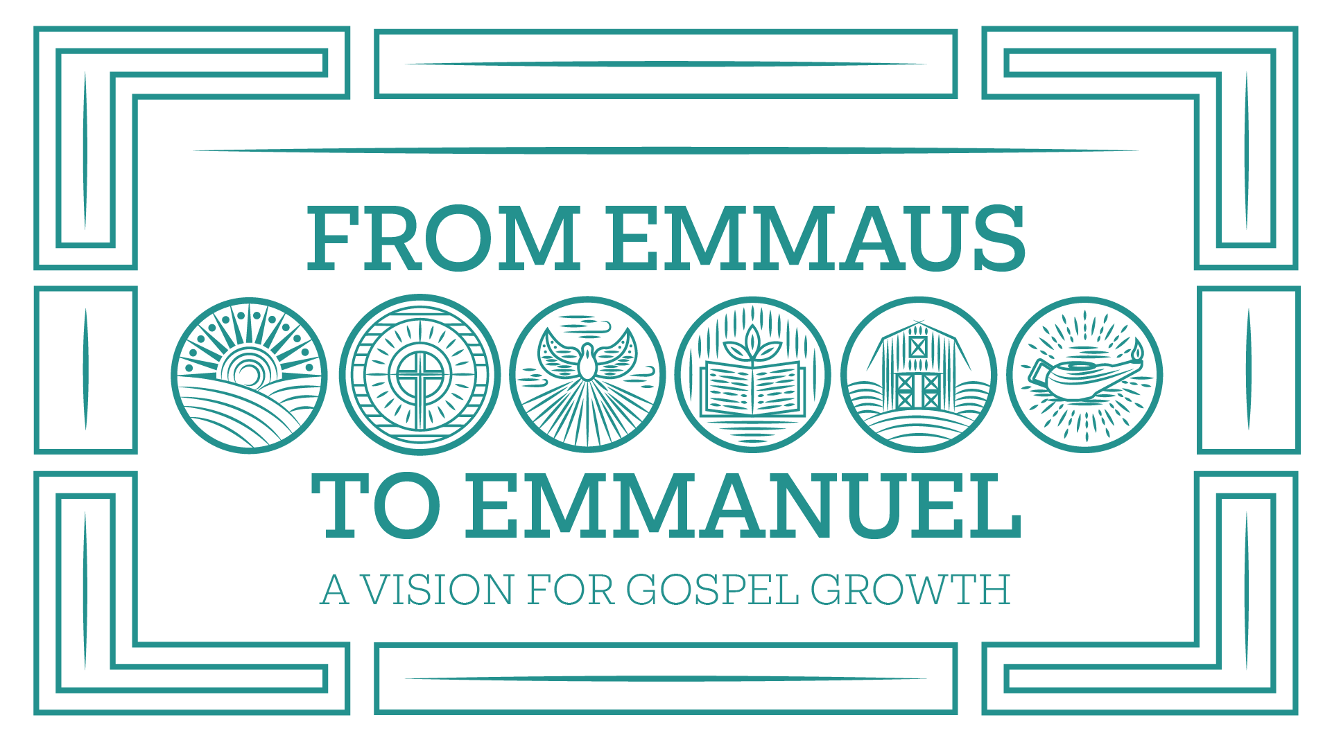 teal and white minimalist graphics of a barn sun dove oil lamp and cross